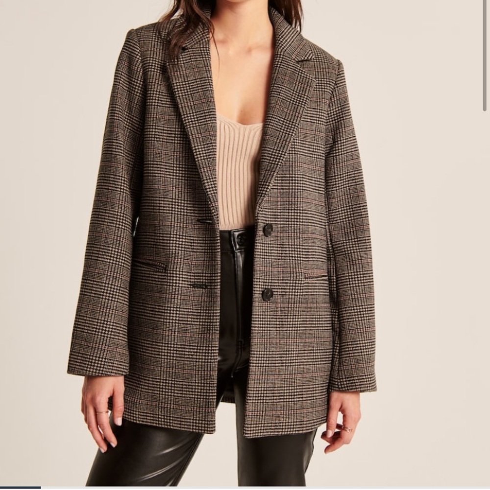 Brown Plaid Wool-Blend Blazer Coat (Small)